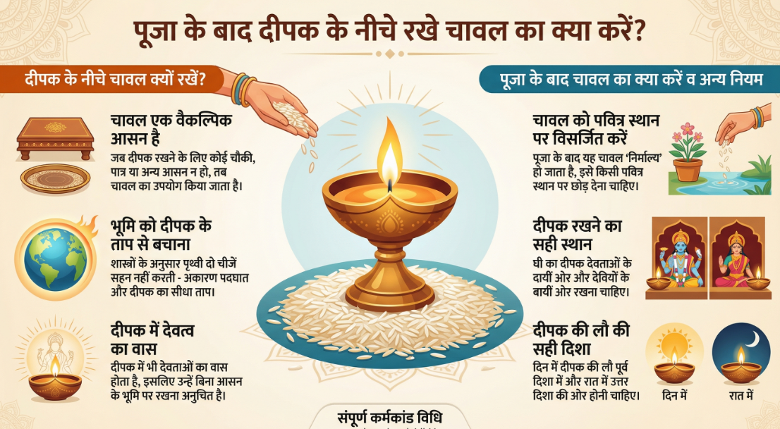 दीपक के नीचे रखे चावल का क्या करें - deepak ke niche rakhe chawal ka kya karen
